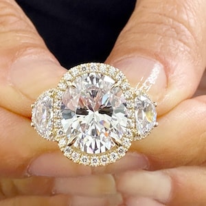 Oval Cut and Round and Half Moon Cut Sides Diamond Engagement Ring IGI Certified Set In 14k Solid Yellow Gold Halo Style Bridal Ring 6.70ctw