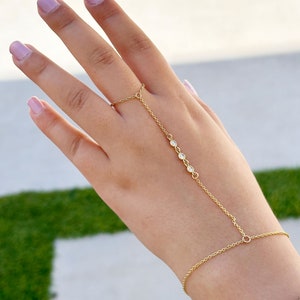14k Solid Yellow Gold Finger Bracelet, Moissanites Ring Bracelet, Gold Hand Chain Bracelet, Chain Bracelet Bezel Set 0.30ctw