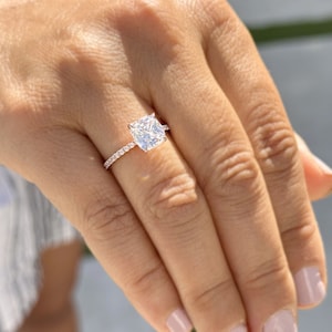 Cushion Cut Moissanites And Round Cut Sides Engagement Ring Minimalist Wedding Ring Set In 14K Solid Rose Gold Bridal Ring For Her 2.70ctw