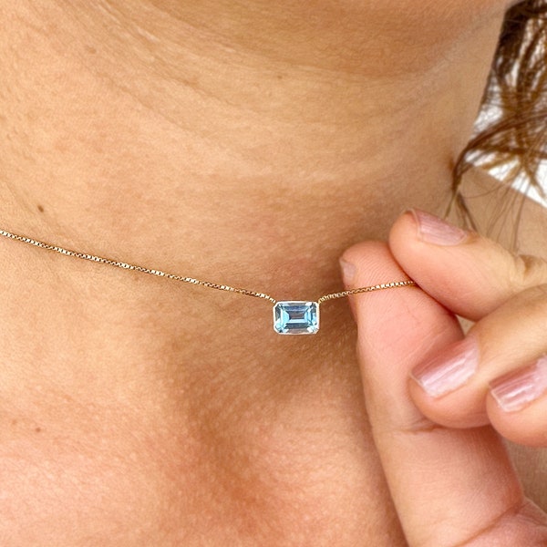 Dainty Minimalist 14k Solid Yellow Gold Emerald Cut Natural Blue Topaz , Bezel Set, Solitaire Necklace And Chain, Pendant, Wedding 2.00ct