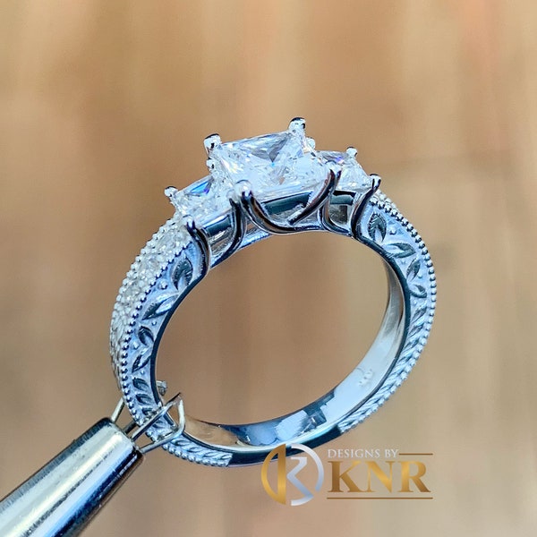 14K Solid White Gold Princess And Round Cut Simulated Diamonds Engagement Ring Antique Style Three Stone Desgin Filigree 2.00ctw