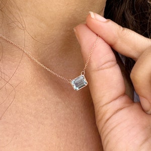 Dainty Minimalist Emerald Cut Natural Blue Topaz Bezel Set Solitaire Necklace And Chain Pendant Wedding Bridal Gift 14k Solid Rose Gold 2.00