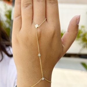 14k Solid Yellow Gold Finger Bracelet Simulated Diamond Ring Bracelet Gold Hand Chain Diamond Bracelet Gift Chain Bracelet Bezel Set 0.30ctw