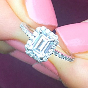 Emerald Cut And Round Cut Sides Simulated Diamonds Engagement Ring Set Halo Wedding Ring Minimalist Bridal Ring 14K Solid White Gold 2.00ctw