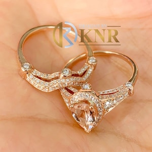Natural Pear Shape Morganite And Round Cut Sides Simulated Diamonds Engagement Ring And Band Bezel Set Bridal Set 14K Solid Rose Gold 3.25ct
