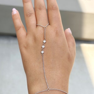 14k Solid White Gold Finger Bracelet Simulated Diamond Ring Bracelet Gold Hand Chain Diamond Bracelet Gift Chain Bracelet Bezel Set 0.30ctw