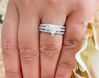 Triangle Cut And Round Cut Sides Simulated Diamonds Engagement Ring And Two Matching Band Set 14K Solid White Gold Bridal Wedding Set 2.00ct
