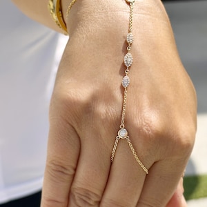Finger Bracelet Simulated Diamond Ring Bracelet Gold Hand Chain 14k Solid Yellow Gold Diamond Bracelet Gift Chain Marquee Shape Link 0.85ctw