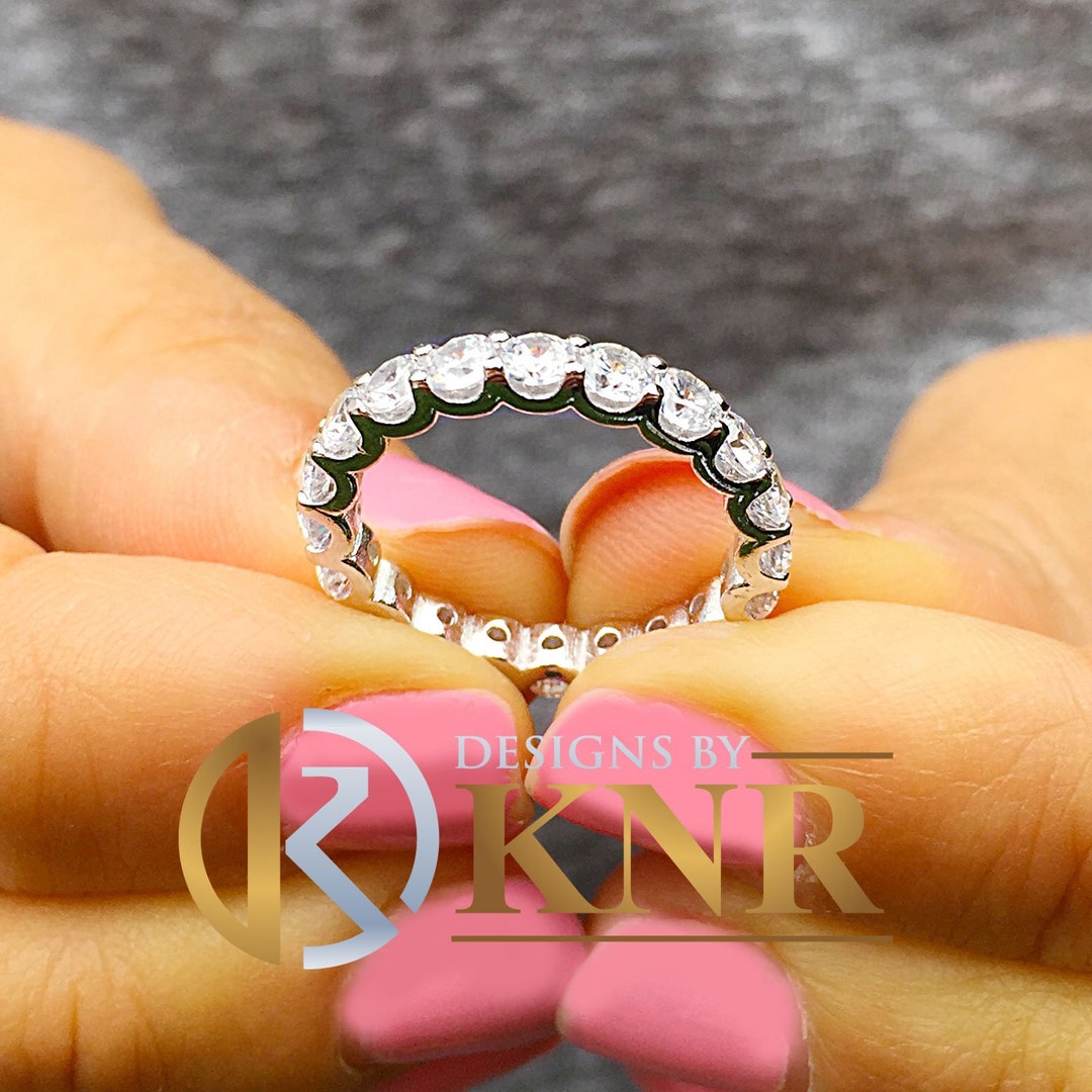 Classy 14K Solid White Gold Round Cut Simulated Diamonds Eternity Band ...