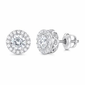Pendientes de botón con diamantes simulados de talla redonda, cierre de rosca, engaste de garras, estilo halo, en oro blanco macizo de 14k. Regalo para ella. 1,40 ct.