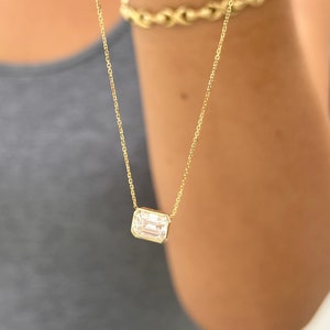 Emerald Cut Simulated Diamond Bezel Set Solitaire Necklace And Chain Dainty Minimalist 14k Solid Yellow Gold Pendant Wedding Gift 2.00ct