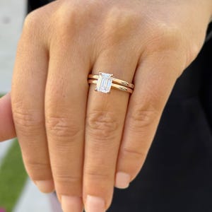 Emerald Cut Moissanites Engagement Ring And Band Solitaire Wedding Ring Set Four Prong Inner Halo Bridal Set 14K Solid Rose Gold 1.60ctw