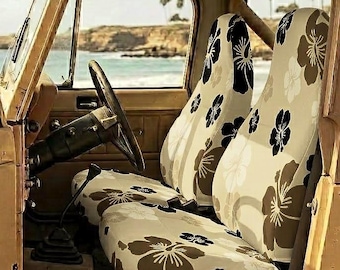 Hibiscus Car Seat Covers (Set of 2) – Redesigned Sandy Tan & Brown Floral Decor – Universal Fit - RKTOPIC original hand-made design