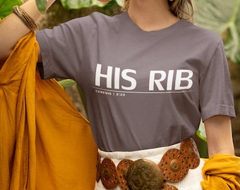 Camiseta Heather para mujer con texto "His Rib" versículo bíblico génesis 2:22, colores jaspeados,