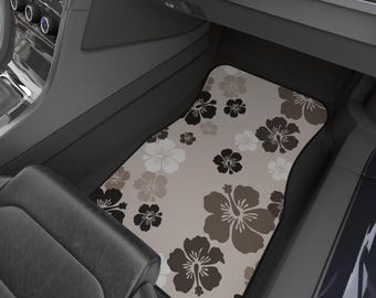 Juego de 4 alfombrillas para coche con diseño de hibisco tropical marrón/beige: decoración hawaiana de surf