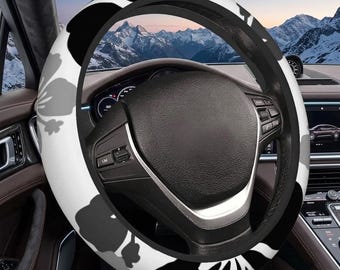 Funda elástica gruesa para volante de coche con diseño de hibisco en blanco y negro, tropical, playero, costero
