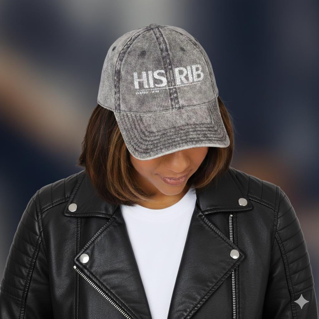 Vintage Cap, His Rib Embroidered Distressed Hat - Faith Statement, Vintage Style, Genesis 2:22 Reference, Vintage Fashion