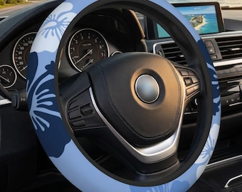 Blue Hibiscus Steering Wheel Cover, Tropical Floral Car Decor, Neoprene Beach Car Accessory, Hawaiian, island
