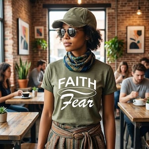 Könnte beinhalten: Ein olivgrünes T-Shirt mit den Worten "FAITH Fear" in weißer Schrift. Die Person trägt eine grüne Kappe, Sonnenbrille und einen gemusterten Schal. Der Hintergrund zeigt ein Café mit Backsteinmauern und Holztischen.