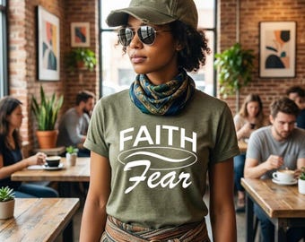 Camiseta Fe sobre el Miedo, Camiseta gráfica moderna de estilo urbano cristiano, Diseño minimalista de halo, Camiseta con versículos religiosos