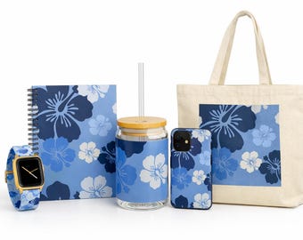 Blue Hibiscus Matching Gift Set | Tropical Coastal Stationery & Tech Bundle | Apple Watch Band, Tote Bag, Sipper Glass, Phone Case, Notebook