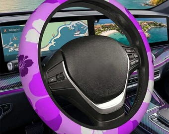 Juego de 2 fundas para asientos de coche con estampado de hibisco fucsia, decoración costera de Florida, fundas para asientos de playa tropical, funda para volante de Hawái.