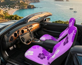 Juego de 2 fundas para asientos de coche con estampado de hibisco fucsia, decoración costera blanca para coche, fundas de asiento de playa tropical para mujer, fundas florales estéticas
