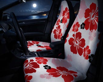 Red Hibiscus Floral Car Seat Covers | Tropical Flower Pattern set of two