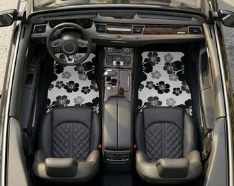 Alfombrillas para coche con estampado de hibisco, juego de 2, accesorios para coche de estilo costero en blanco y negro, decoración tropical para coche, alfombrillas florales para coche, par de 2