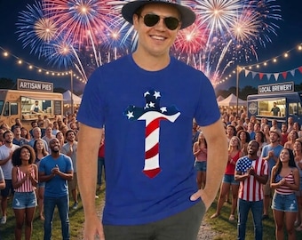 Camiseta con la bandera estadounidense y la cruz - Camiseta gráfica patriótica de las estrellas y rayas de EE. UU. - Camiseta roja, blanca y azul del 4 de julio - Tallas grandes unisex