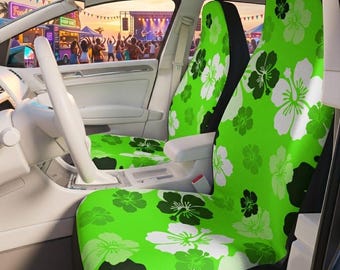 Groene autostoelhoezen met hibiscus bloemen | Tropische bloemenprint, set van 2