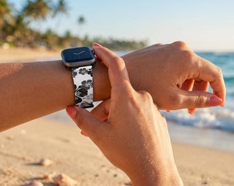 Black Hibiscus Floral Watch Band | Monochrome Tropical Pattern