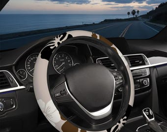 Funda de volante con hibisco tostado, decoración tropical marrón para coche, envoltura de neopreno Aloha hawaiana, estilo bohemio surfista de California, beige playa de Florida