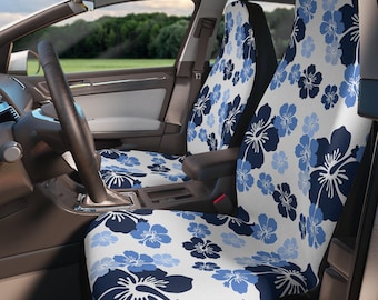 Fundas para asientos de coche con hibisco en tonos blancos y azules (juego de dos), cultura surfista hawaiana, accesorios para coche, decoración tropical, protectores de asientos