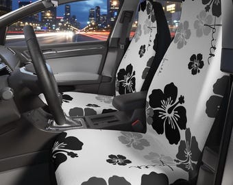 Faith Floral Car Seat Covers, black and white Hibiscus flower, faith cross, car lover gift, Christian car seat covers.