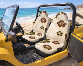 Fundas para asientos de coche Hibiscus (juego de 2) – Diseño renovado con decoración floral en tonos arena y marrón – Ajuste universal para coches, SUV y camiones (KK)