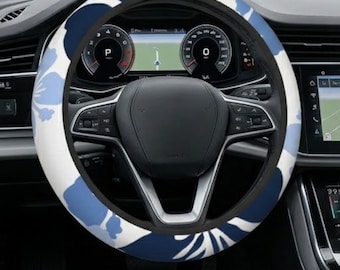 Funda elástica gruesa para volante de coche con diseño de hibisco blanco y azul, tropical, playero, costero