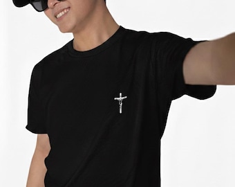 Camiseta de bolsillo con crucifijo de Jesús, manga corta, con gráfico cristiano religioso