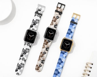 Tropical Hibiscus Apple Watch Band choice | Blue, Tan, Black & White Floral Custom Strap | Beachy Surf Coastal Gift Accessory