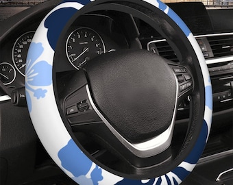 White and Blue Hibiscus Thickened Elastic Car Steering Wheel Cover, tropical, beach, costal