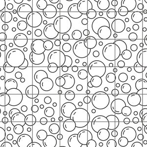 May include: A black and white illustration of a pattern of overlapping circles, resembling bubbles.