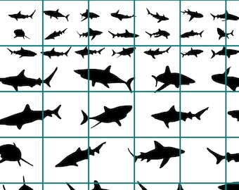 May include: A black and white image of 100 shark silhouettes arranged in a grid pattern.