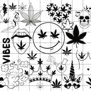 May include: Black and white digital illustration of various cannabis-themed designs, including a smiley face, a crown, a tongue, a skull, and the words "Good Vibes".