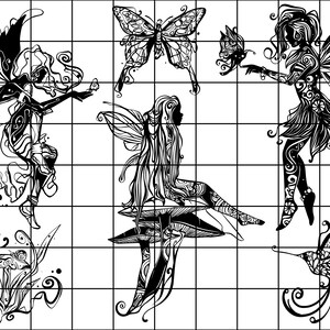 May include: Black and white line art illustration of four fairies. One fairy is sitting on a mushroom, another is holding a butterfly, and the other two are flying. The fairies are all wearing intricate dresses and have wings.