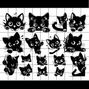 May include: Black and white illustration featuring multiple cartoon cats in various poses. The cats have large eyes and are peeking out from behind a grid. The image is a collection of cat-themed graphics.