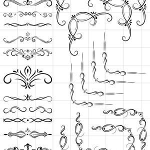 May include: A collection of black decorative design elements, including flourishes, borders, and corner accents. The designs feature intricate swirls, curves, and symmetrical patterns, suitable for various design projects.