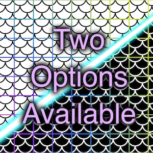 May include: A black and white image with a pattern of overlapping white half-circles on a black background. The text "Two Options Available" is written in purple on a diagonal white line.