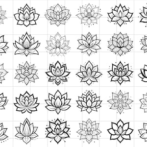 May include: A collection of black and white lotus flower illustrations. Each flower design varies in detail, with some featuring intricate petal patterns and others showcasing a simpler, more stylized appearance. The flowers are arranged in a grid pattern.