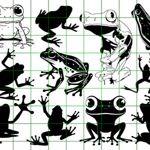 May include: A collection of ten black and white frog silhouettes. The frogs are in various poses, some are sitting, some are jumping, and some are swimming. The frogs are all facing different directions.