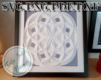May include: A framed white and gray geometric mandala design with a silver glitter background. The frame is black and the design is in a circle. The text "Trista Jade Designs" is in a circle in the lower left corner of the image.